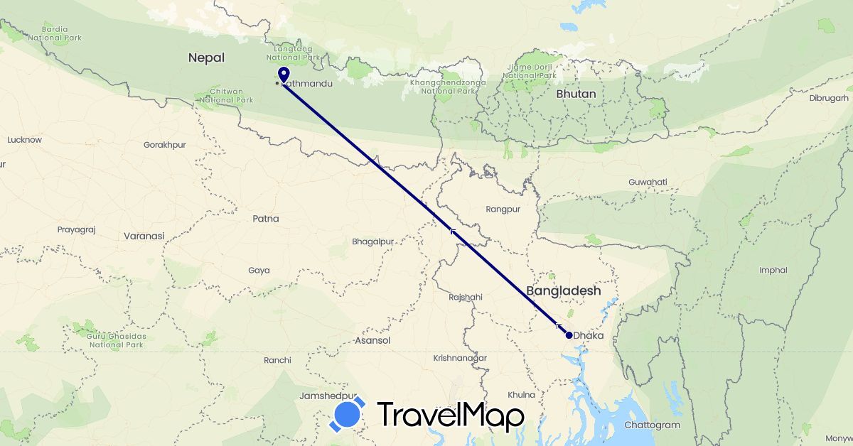 TravelMap itinerary: driving in Bangladesh, Nepal (Asia)