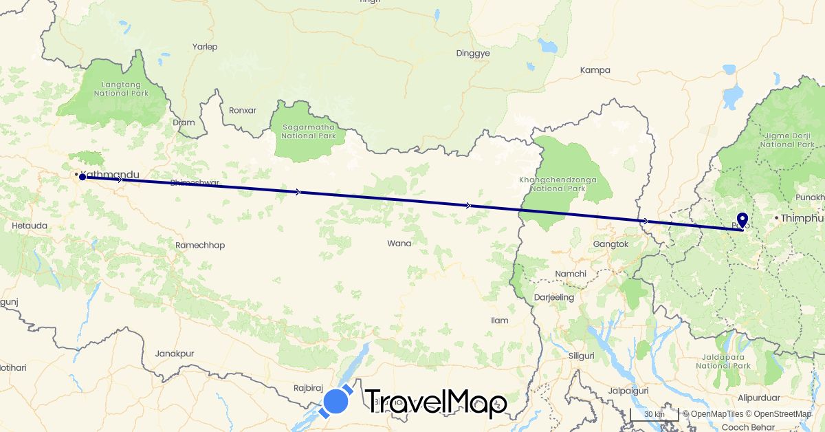 TravelMap itinerary: driving in Bhutan, Nepal (Asia)